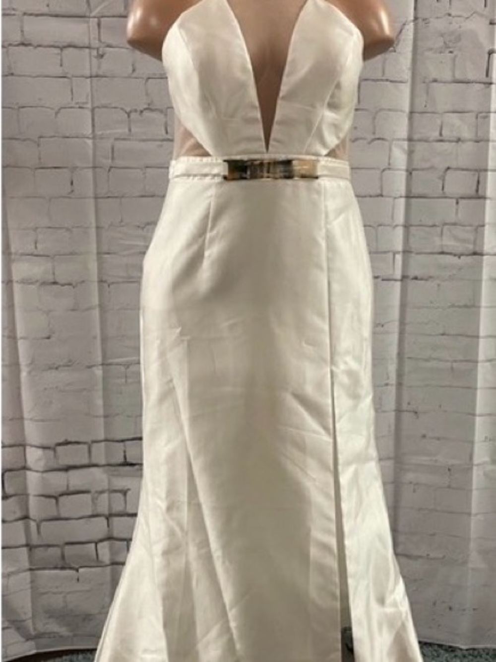 Ivory Plunge-Neck Satin Evening Dress with Gold Belt